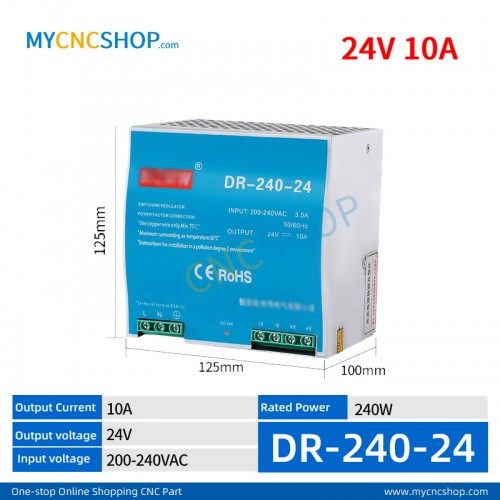 DR-240-24 Single Output Industrial DIN Rail Switching Power Supply AC-DC SMPS 24VDC 10A 240W