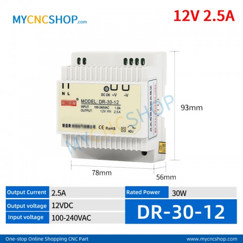 DR-30-12 Single Output Industrial DIN Rail Switching Power Supply AC-DC SMPS 12VDC 2.5A 30W