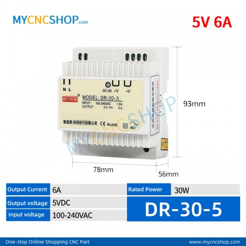 DR-30-5 Single Output Industrial DIN Rail Switching Power Supply AC-DC SMPS 5VDC 6A 30W