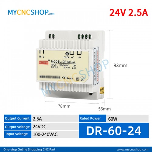 DR-60-24 Single Output Industrial DIN Rail Switching Power Supply AC-DC SMPS 24VDC 2.5A 60W