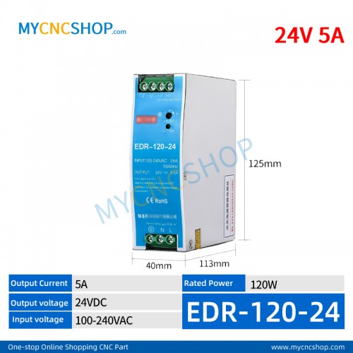 EDR-120-24 Single Output Industrial DIN Rail Switching Power Supply AC-DC SMPS 24VDC 5A 120W