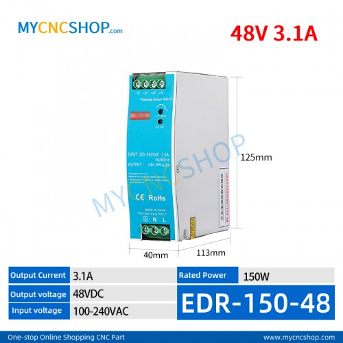 EDR-150-48 Single Output Industrial DIN Rail Switching Power Supply AC-DC SMPS 48VDC 3.1A 150W