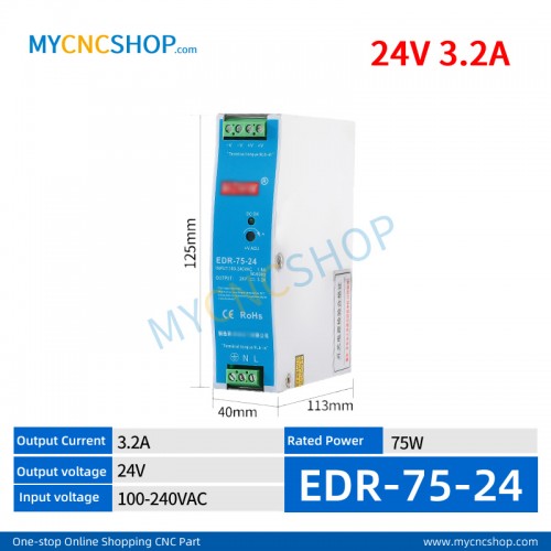 EDR-75-24 Single Output Industrial DIN Rail Switching Power Supply AC-DC SMPS 24VDC 3.1A 75W