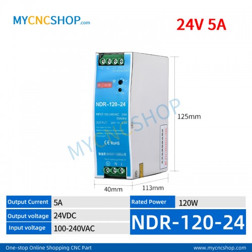 NDR-120-24 Single Output Industrial DIN Rail Switching Power Supply AC-DC SMPS 24VDC 5A 120W