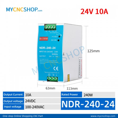 NDR-240-24 Single Output Industrial DIN Rail Switching Power Supply AC-DC SMPS 24VDC 10A 240W