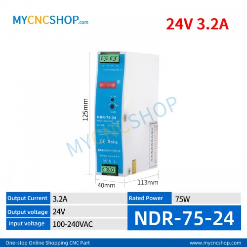 NDR-75-24 Single Output Industrial DIN Rail Switching Power Supply AC-DC SMPS 24VDC 3.2A 75W