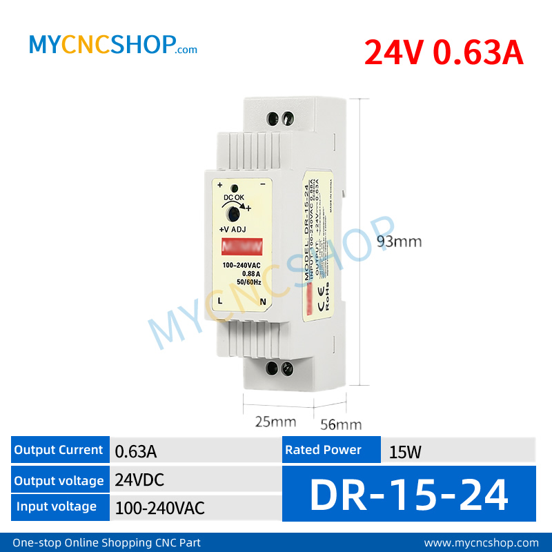 DR-15-24 Single Output Industrial DIN Rail Switching Power Supply AC-DC SMPS 24VDC 0.63A 15W