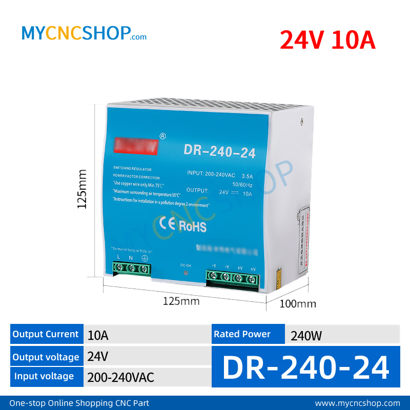 DR-240-24 Single Output Industrial DIN Rail Switching Power Supply AC-DC SMPS 24VDC 10A 240W