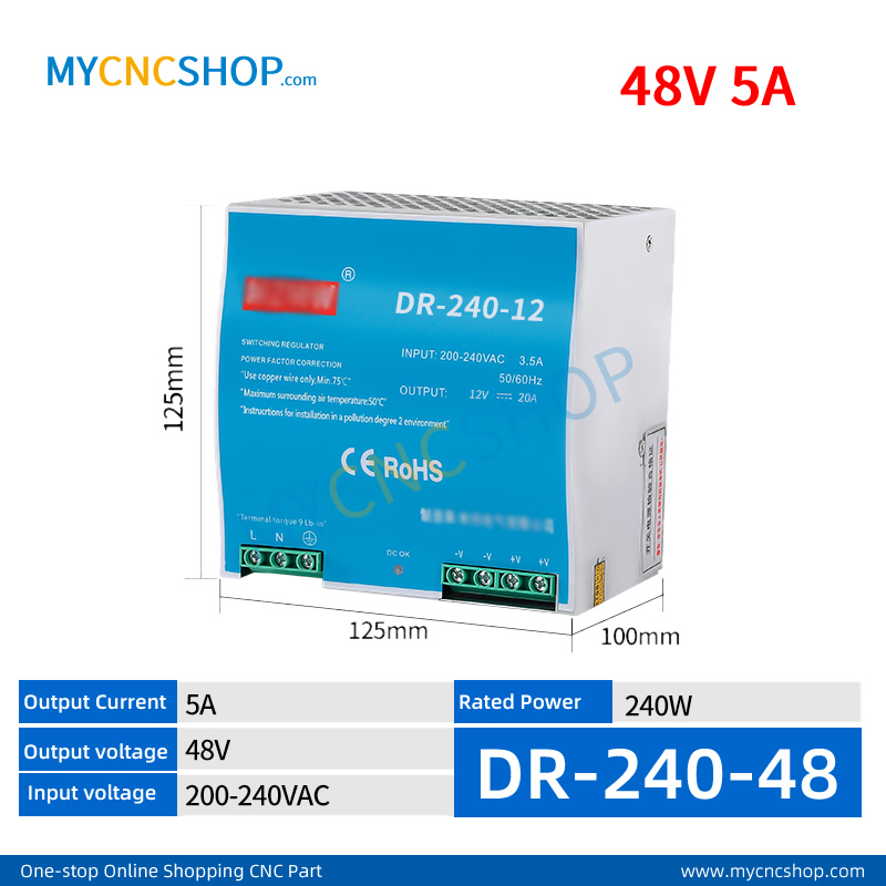 DR-240-48 Single Output Industrial DIN Rail Switching Power Supply AC-DC SMPS 48VDC 5A 240W