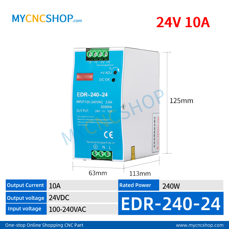 EDR-240-24 Single Output Industrial DIN Rail Switching Power Supply AC-DC SMPS 24VDC 10A 240W