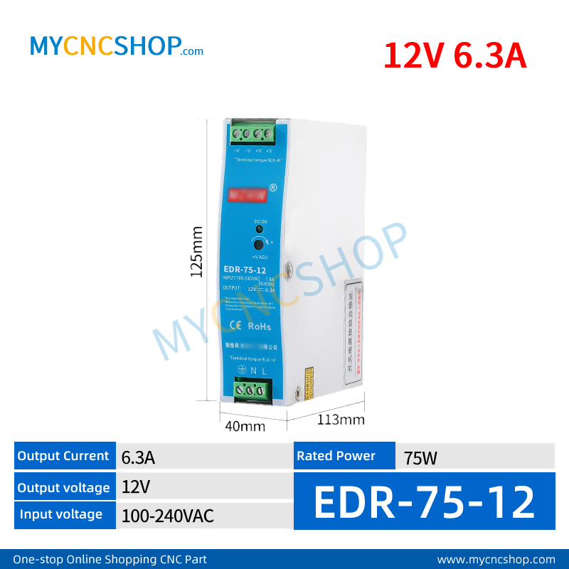 EDR-75-12 Single Output Industrial DIN Rail Switching Power Supply AC-DC SMPS 12VDC 6.2A 75W