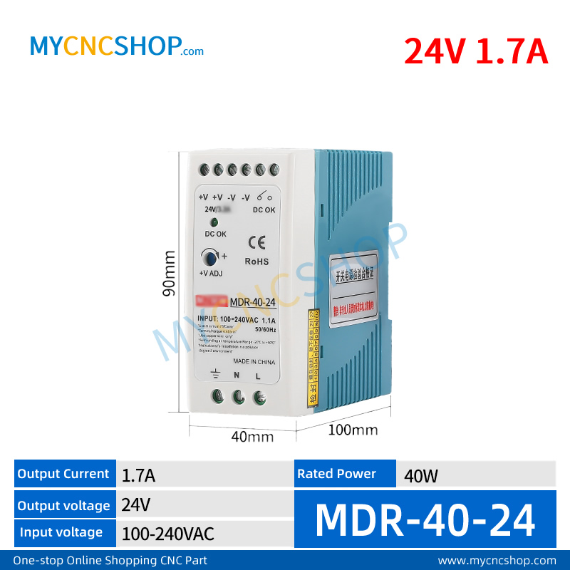 MDR-40-24 Single Output Industrial DIN Rail Switching Power Supply AC-DC SMPS 24VDC 1.7A 40W