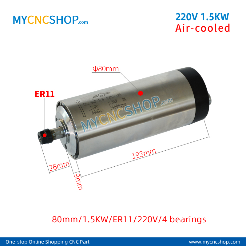 220V 1.5KW Air-cooled spindle CHANGSHENG DIA.80mm 1.5KW ER11 4bearing