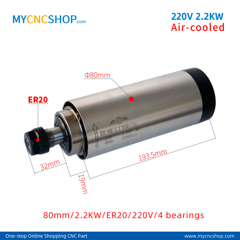 220V 2.2KW Air-cooled spindle CHANGSHENG DIA.80mm 2.2KW ER20 4bearing