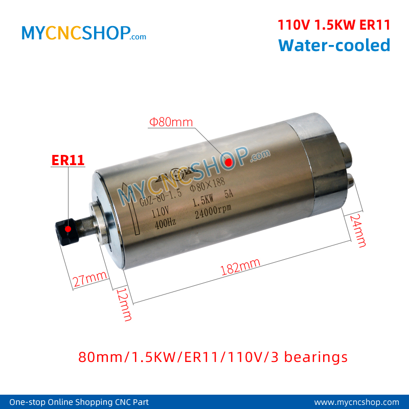 110V 1.5KW ER11 Water-cooled spindle 80mm 1.5KW er11 110v 3bearing