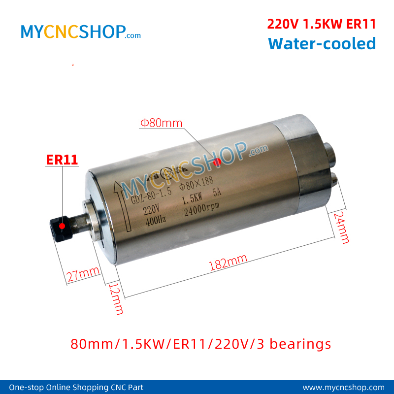 220V 1.5KW ER11 Water-cooled spindle 80mm 1.5KW er11 220v 3bearing