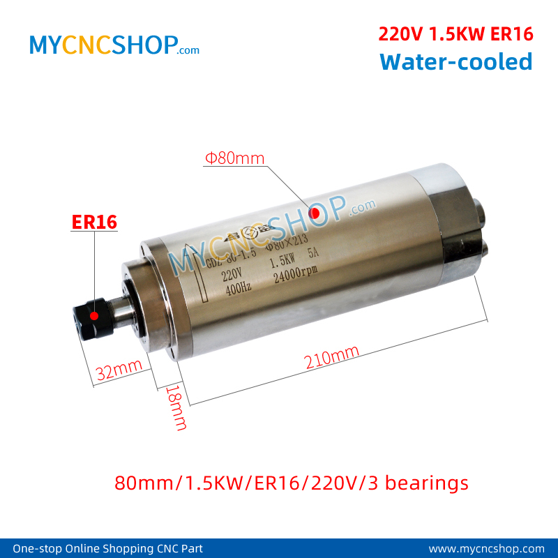 220V 1.5KW ER16 Water-cooled spindle 80mm 1.5KW er16 220v 3bearing