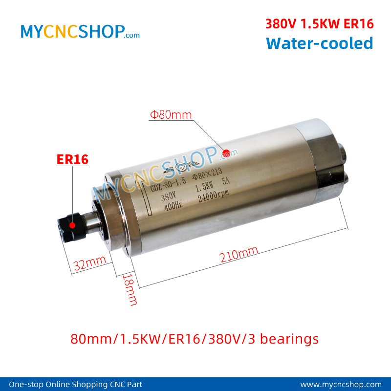 380v 1.5KW ER16 Water-cooled spindle 80mm 1.5KW er16 380v 3bearing